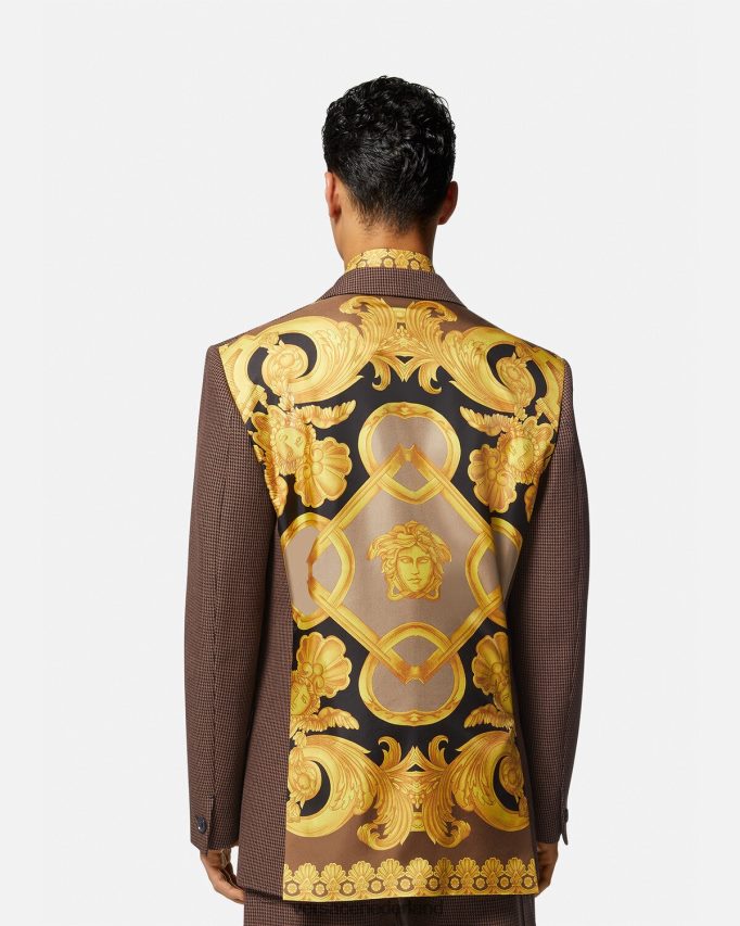 Versace Barocco 660 pied-de-poule blazer Heren bruin en goud kleding J2T4F41279