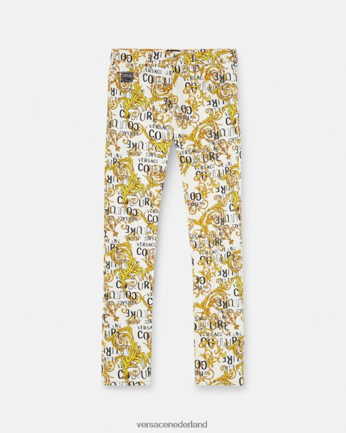 Versace Slim-fit jeans met logocouture Heren goud en wit kleding J2T4F42428