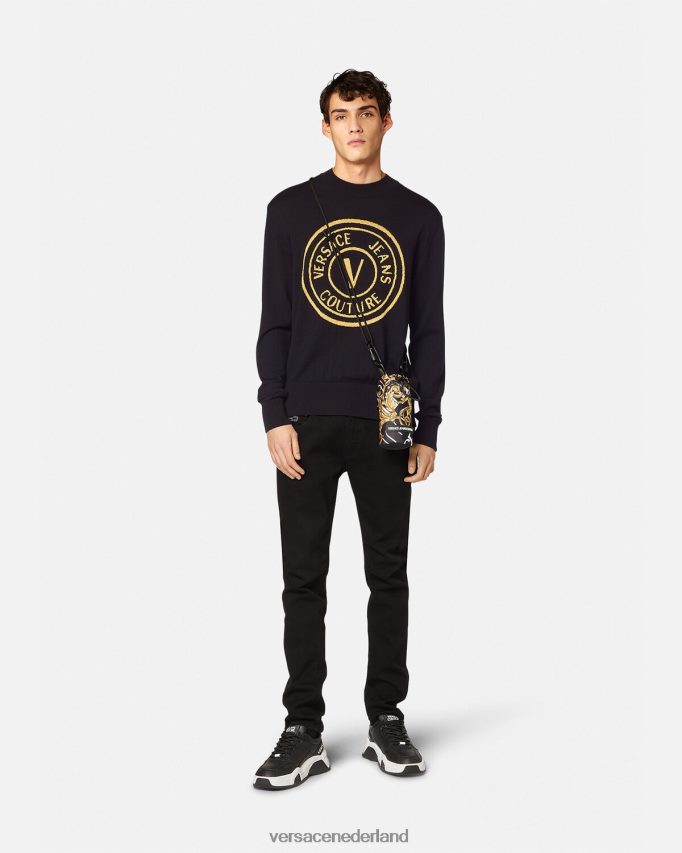 Versace Gebreide wollen trui met v-embleem Heren zwart en afdrukken kleding J2T4F42434
