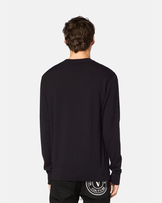 Versace Gebreide wollen trui met v-embleem Heren zwart en afdrukken kleding J2T4F42434