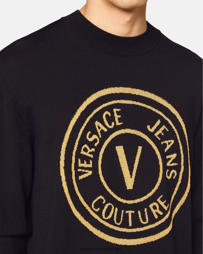 Versace Gebreide wollen trui met v-embleem Heren zwart en afdrukken kleding J2T4F42434