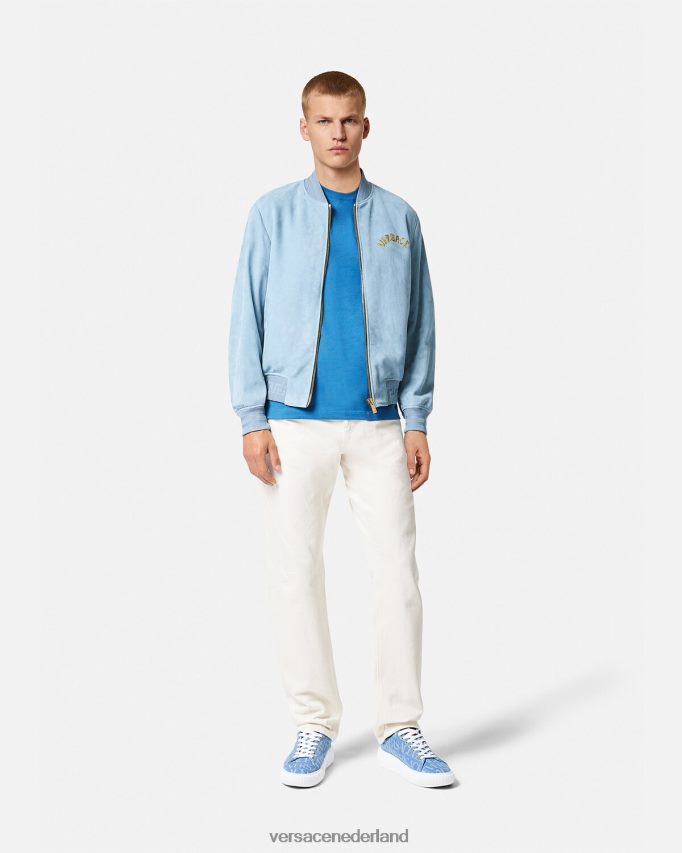 Versace suède jack met barok logo van zeeschelp Heren lichtblauw kleding J2T4F41223