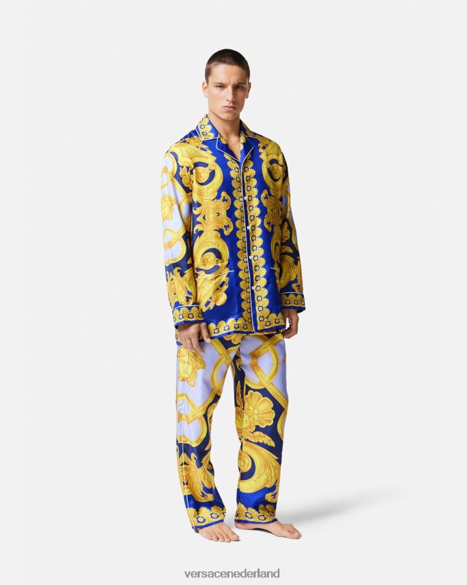 Versace barocco 660 zijden pyjamatop Heren blauw en goud ondergoed en strandkleding J2T4F41739