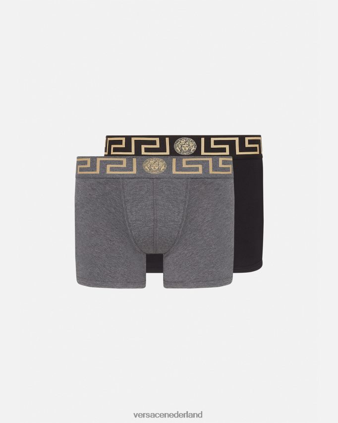 Versace Greca border lange trunks 2-pack Heren grijs en zwart ondergoed en strandkleding J2T4F41764