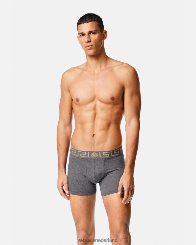 Versace Greca border lange trunks 2-pack Heren grijs en zwart ondergoed en strandkleding J2T4F41764