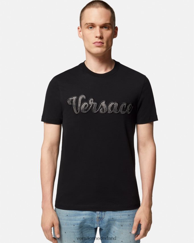 Versace T-shirt met kristallen varsity-logo Heren zwart kleding J2T4F41406