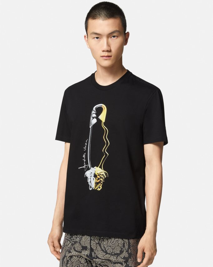 Versace grafisch t-shirt met veiligheidsspeld Heren zwart kleding J2T4F41400