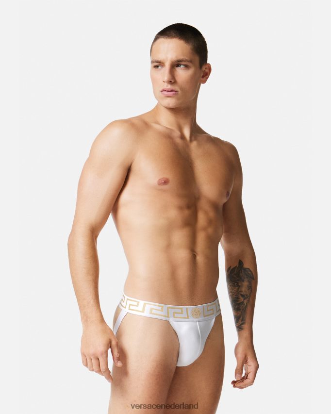Versace Greca jockstrap met rand Heren wit goud ondergoed en strandkleding J2T4F41776