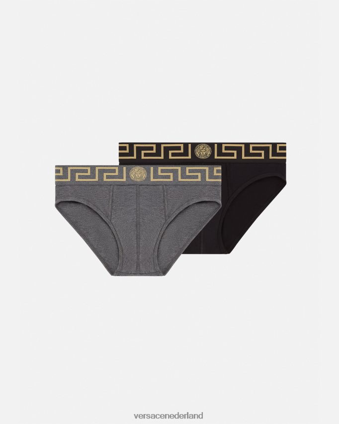 Versace Greca slips met rand, 2-pack Heren grijs en zwart ondergoed en strandkleding J2T4F41783