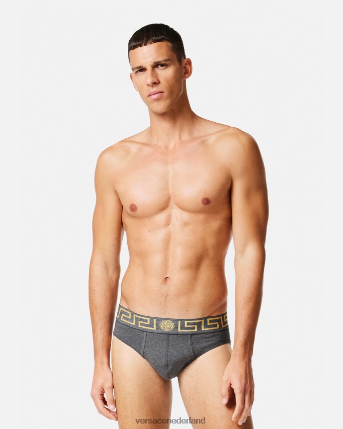 Versace Greca slips met rand, 2-pack Heren grijs en zwart ondergoed en strandkleding J2T4F41783