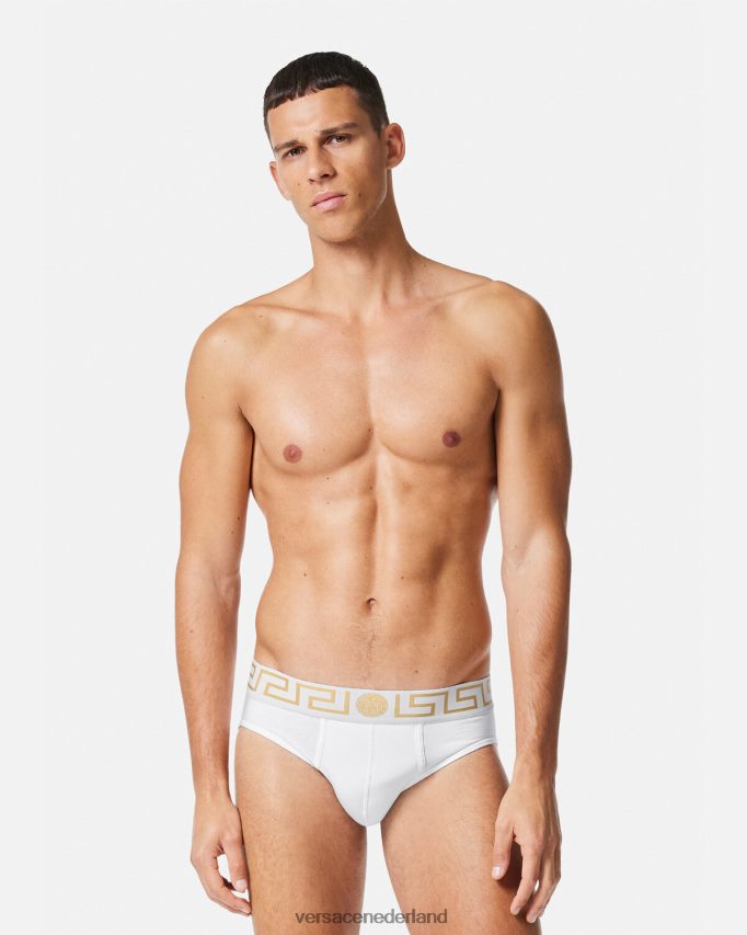 Versace Greca slips met rand, 2-pack Heren wit goud ondergoed en strandkleding J2T4F41784