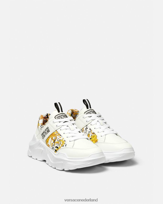 Versace couture speedtrack-sneakers met logo Heren goud en wit schoen J2T4F42459