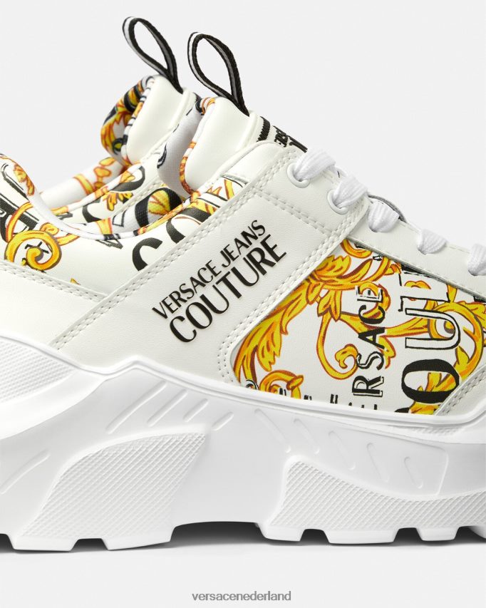 Versace couture speedtrack-sneakers met logo Heren goud en wit schoen J2T4F42459