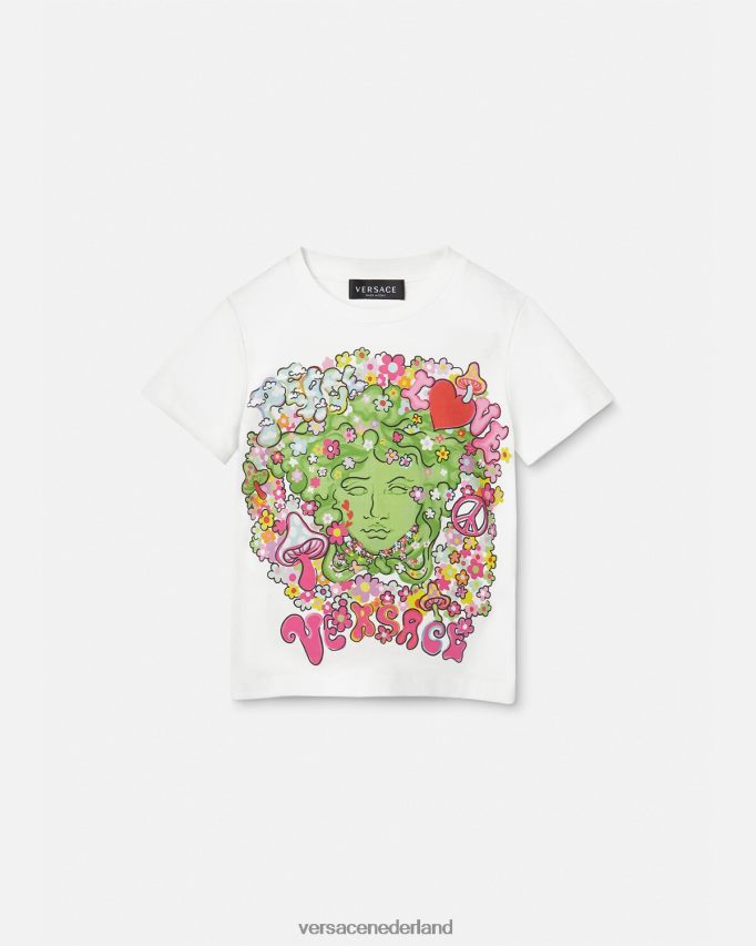 Versace Medusa-shirt met "vrede en liefde". kinderen wit & bedrukt kleding J2T4F42002