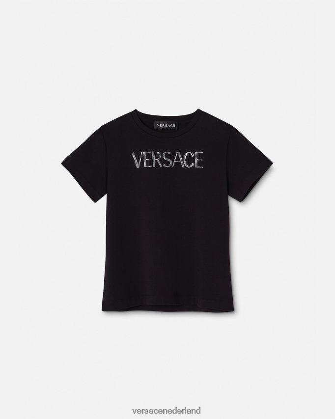 Versace T-shirt met kristallen logo kinderen zwart kleding J2T4F42021