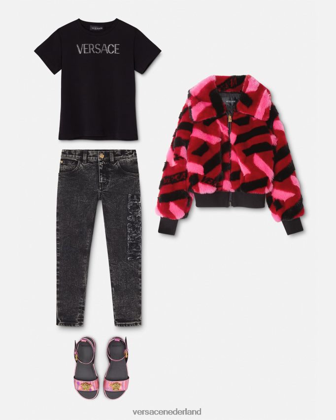Versace T-shirt met kristallen logo kinderen zwart kleding J2T4F42021