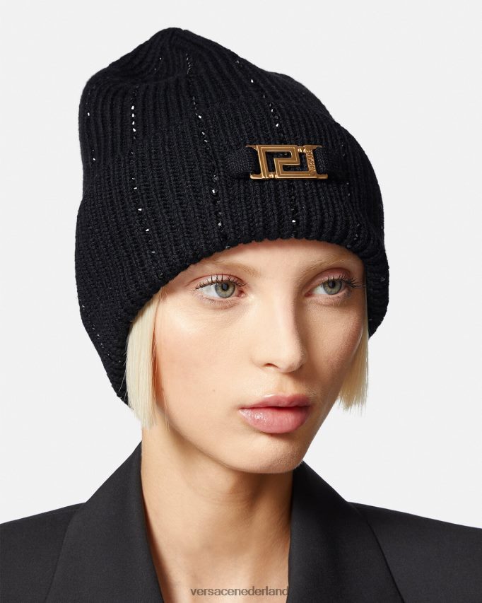 Versace Greca geribbelde muts met kristallen vrouwen zwart accessoires J2T4F4874