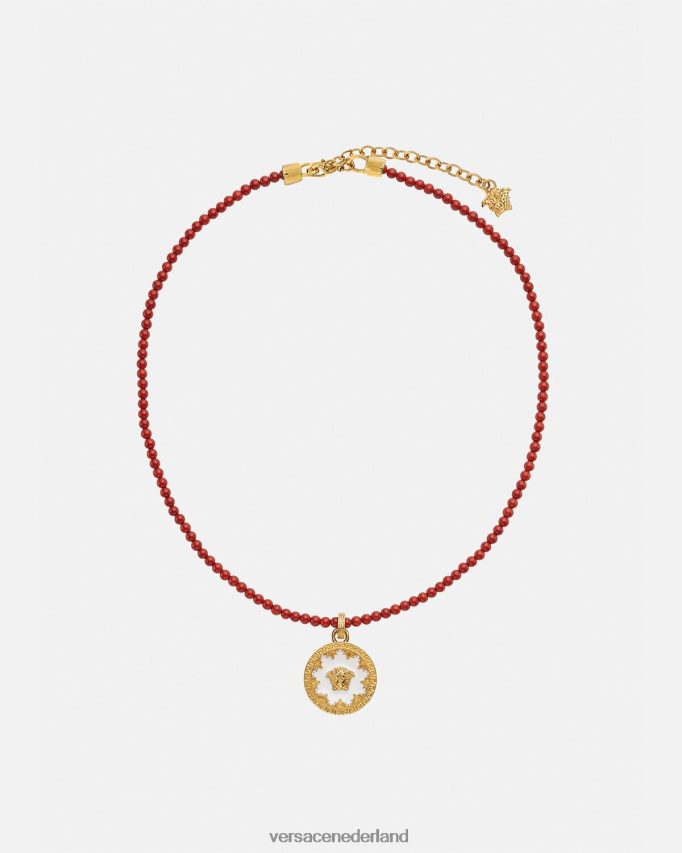 Versace Medusa plaat kralen ketting vrouwen bordeaux en goud accessoires J2T4F4816