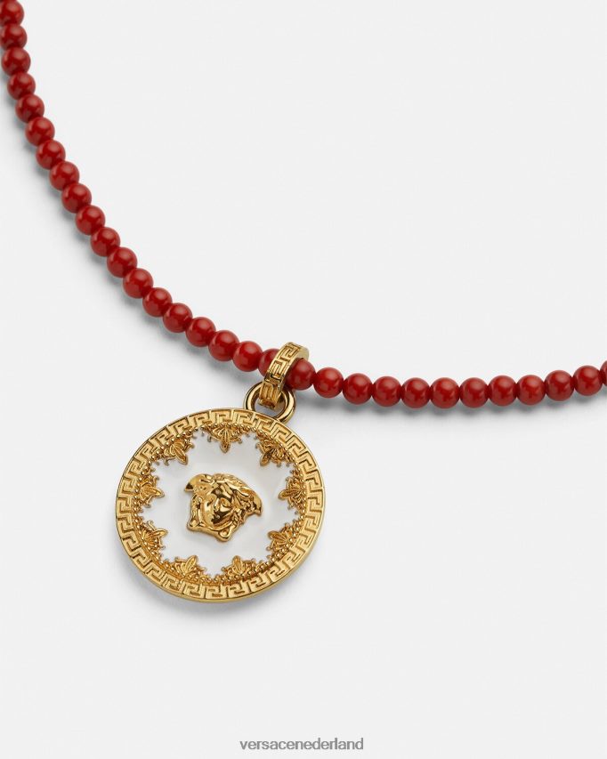 Versace Medusa plaat kralen ketting vrouwen bordeaux en goud accessoires J2T4F4816