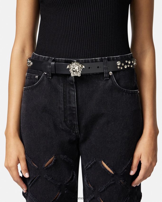 Versace Leren la medusa-riem met spikes vrouwen zwart accessoires J2T4F4545