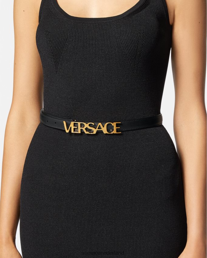 Versace dunne leren riem met logo vrouwen zwart accessoires J2T4F4538