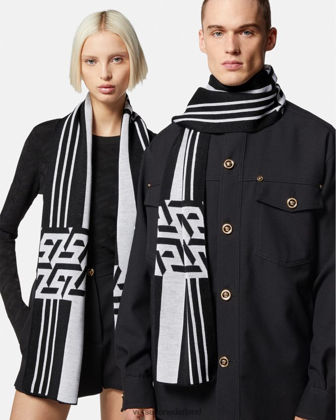Versace la greca gestreepte gebreide sjaal vrouwen zwart wit accessoires J2T4F4933