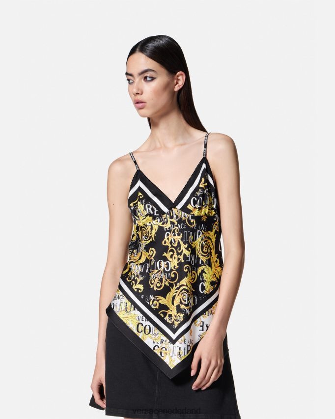 Versace Couture-foulardtop met logo vrouwen zwart goud kleding J2T4F42206