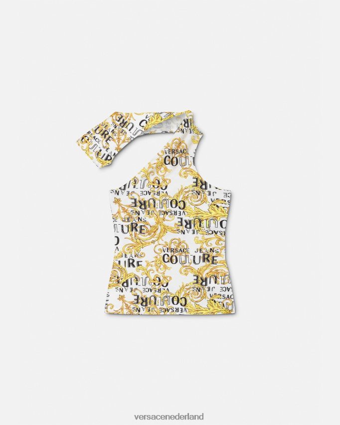Versace Couture-top met één schouder en logo vrouwen goud en wit kleding J2T4F42205