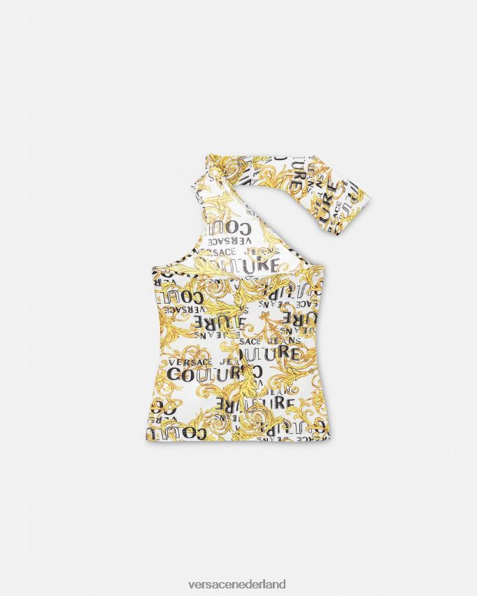Versace Couture-top met één schouder en logo vrouwen goud en wit kleding J2T4F42205