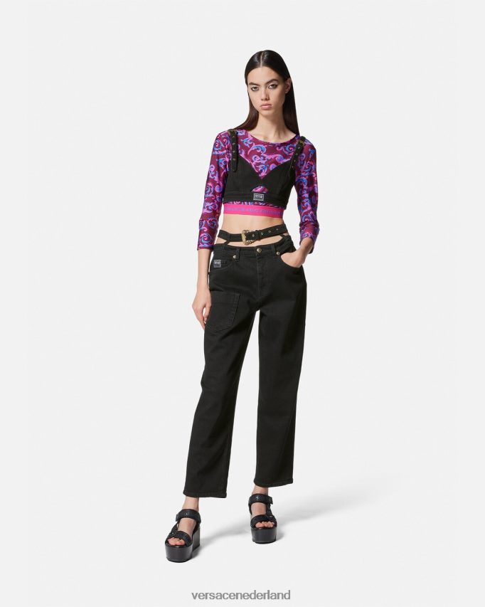 Versace barokke denim crop top met gesp vrouwen zwart kleding J2T4F42145