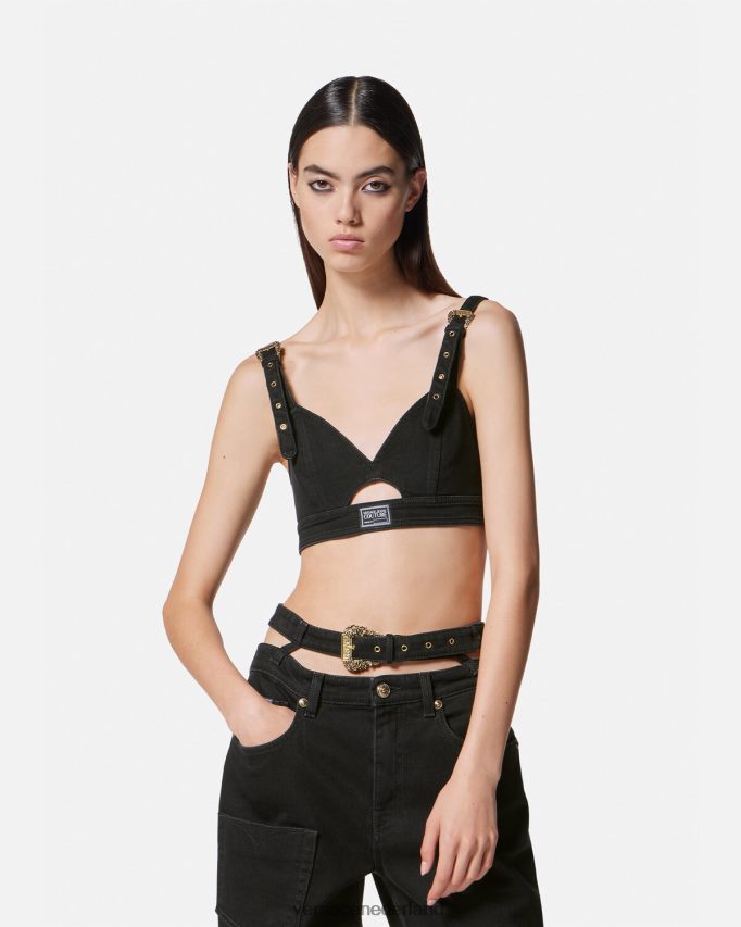 Versace barokke denim crop top met gesp vrouwen zwart kleding J2T4F42145