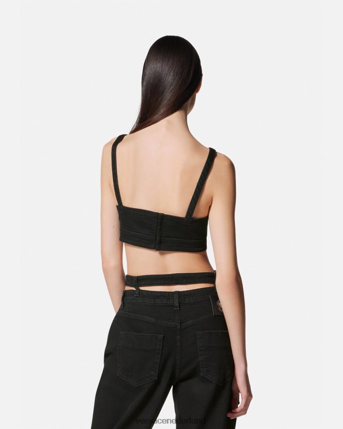 Versace barokke denim crop top met gesp vrouwen zwart kleding J2T4F42145