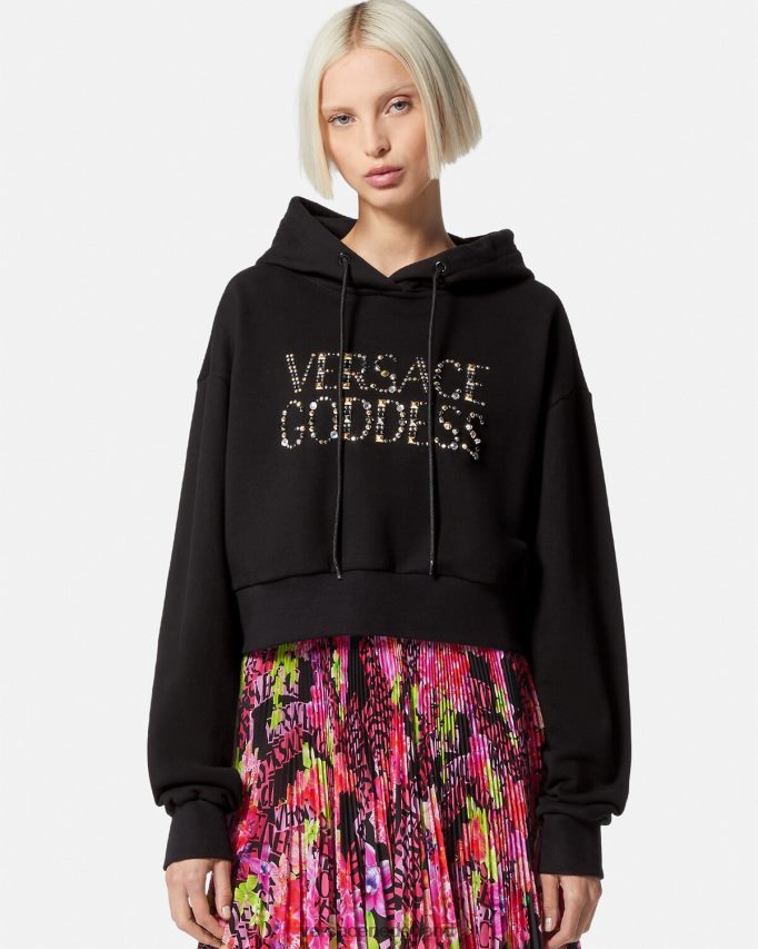 Versace Crop hoodie met godin studs vrouwen zwart kleding J2T4F4145