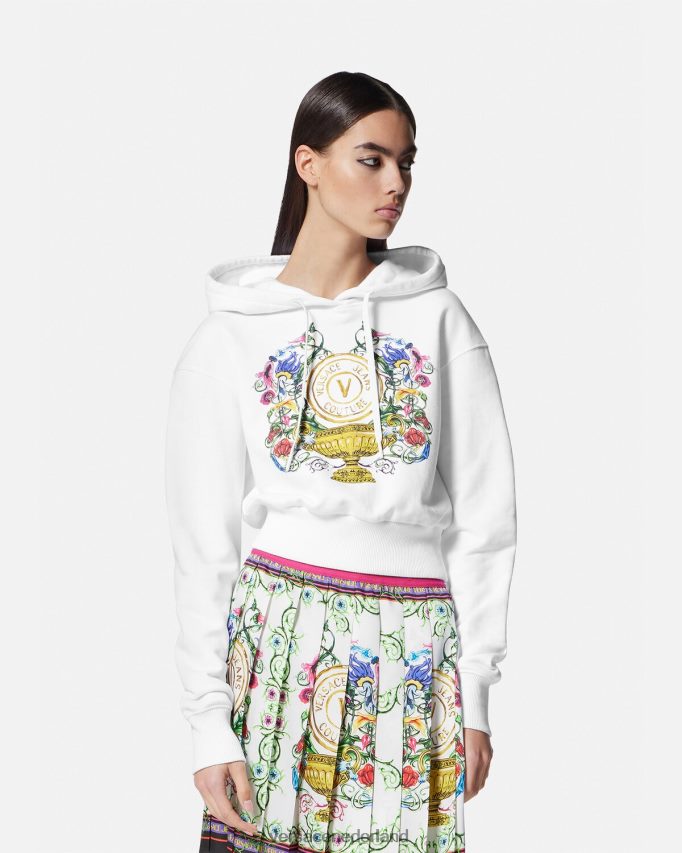 Versace Crop hoodie met v-embleem voor in de tuin vrouwen goud en wit kleding J2T4F42232
