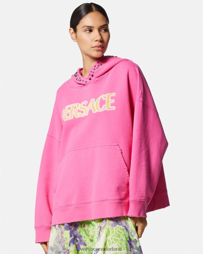 Versace Hoodie met bezaaid verweerd logo vrouwen roze kleding J2T4F4143
