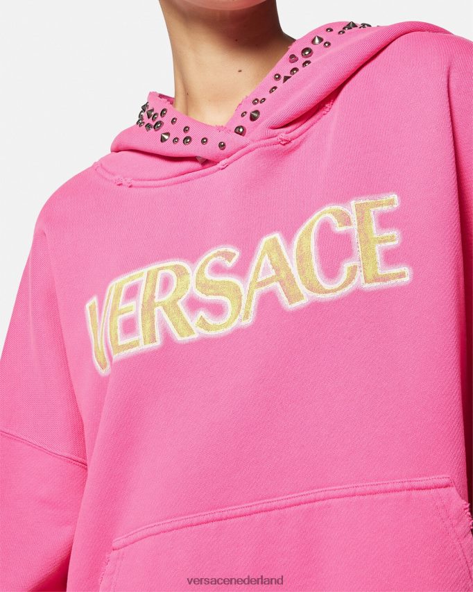 Versace Hoodie met bezaaid verweerd logo vrouwen roze kleding J2T4F4143