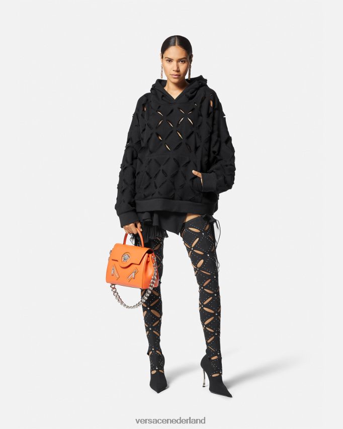 Versace Verontruste, gesneden oversized hoodie vrouwen zwart kleding J2T4F4142