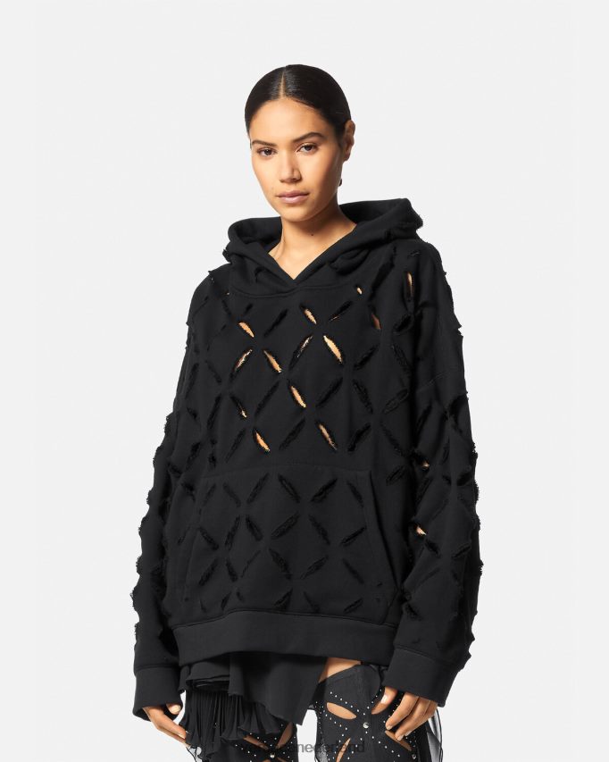 Versace Verontruste, gesneden oversized hoodie vrouwen zwart kleding J2T4F4142