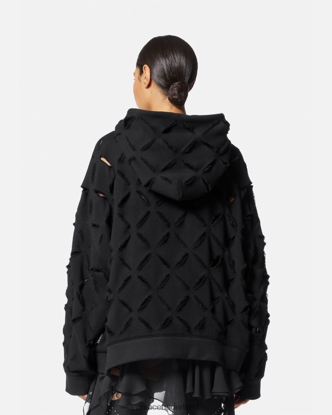 Versace Verontruste, gesneden oversized hoodie vrouwen zwart kleding J2T4F4142