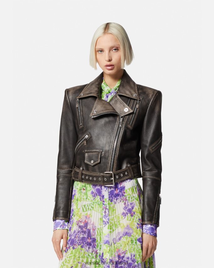 Versace Barocco geborsteld leren jack vrouwen grijs kleding J2T4F498