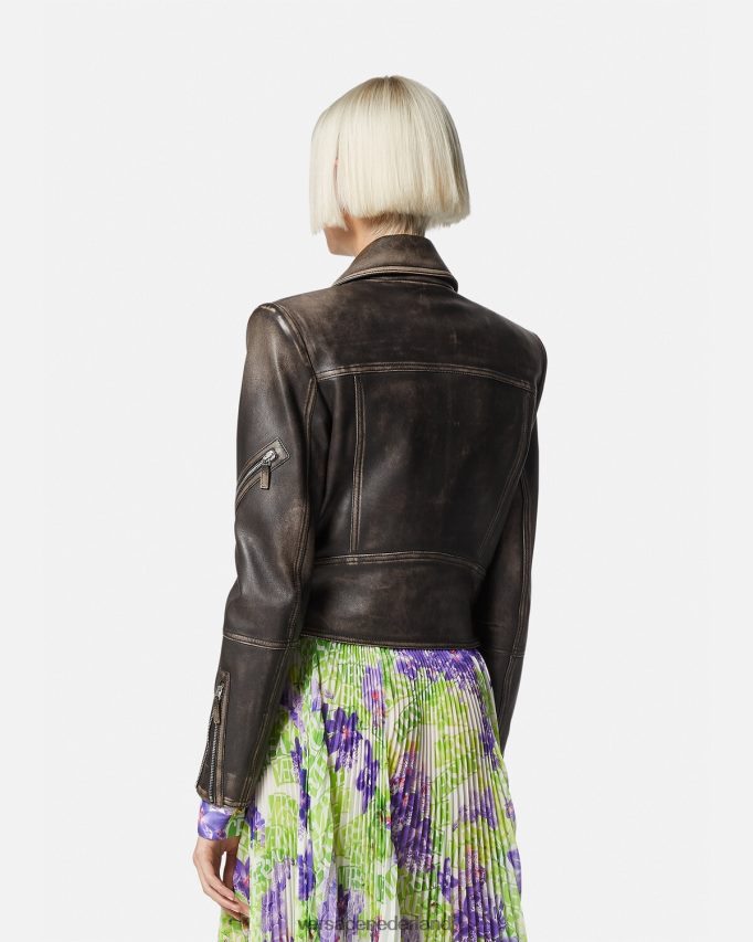 Versace Barocco geborsteld leren jack vrouwen grijs kleding J2T4F498