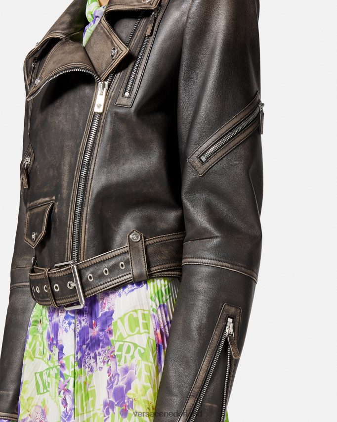 Versace Barocco geborsteld leren jack vrouwen grijs kleding J2T4F498