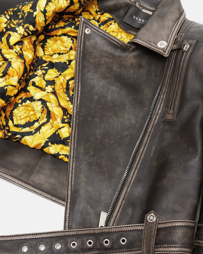 Versace Barocco geborsteld leren jack vrouwen grijs kleding J2T4F498
