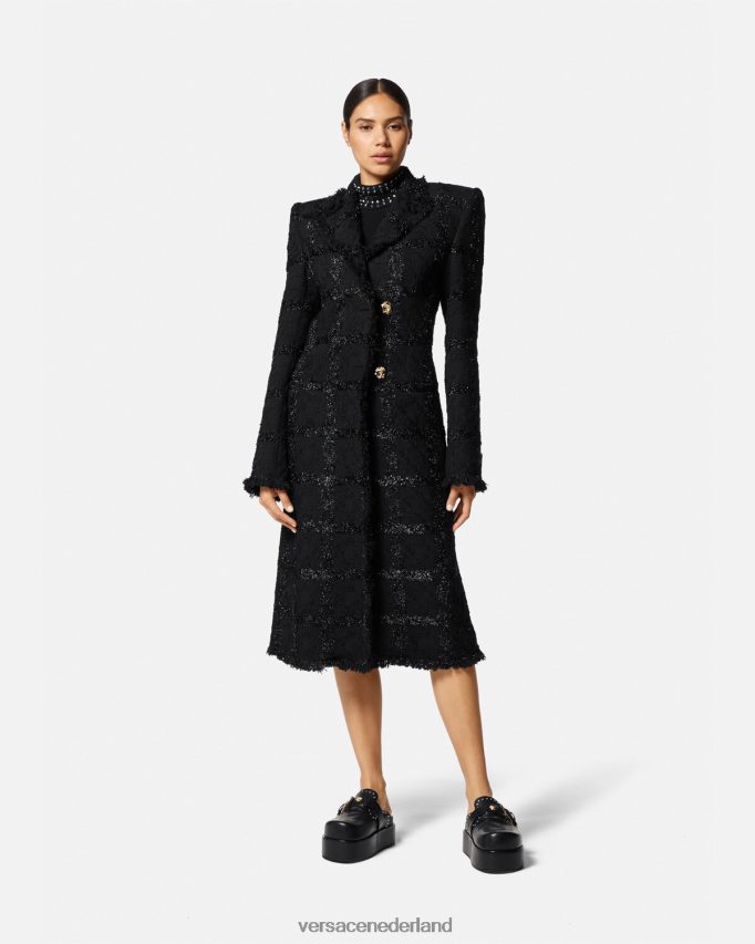 Versace Lange jas van tweed met spikes vrouwen zwart kleding J2T4F4102