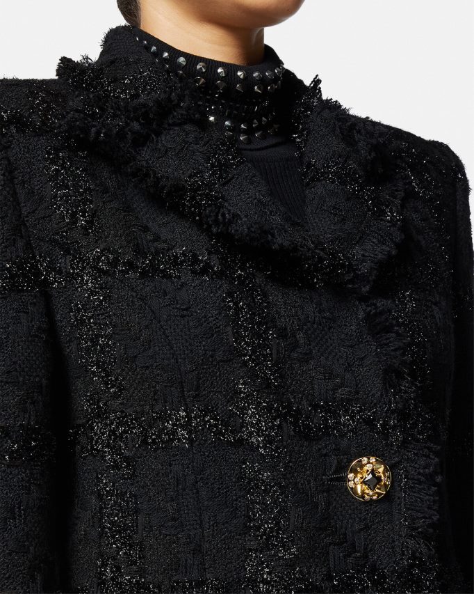 Versace Lange jas van tweed met spikes vrouwen zwart kleding J2T4F4102