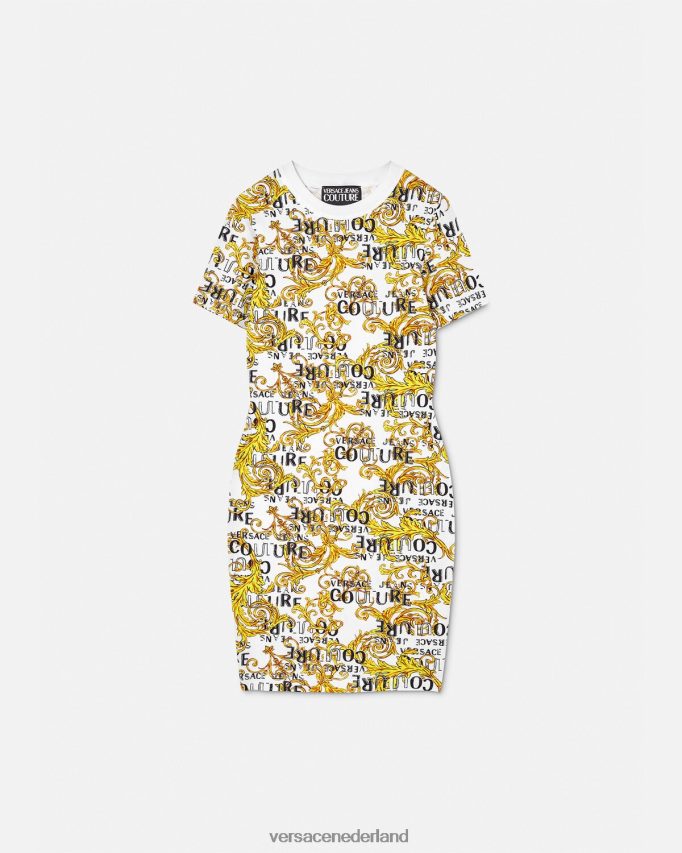 Versace Couture t-shirtjurk met logo vrouwen goud en wit kleding J2T4F42185