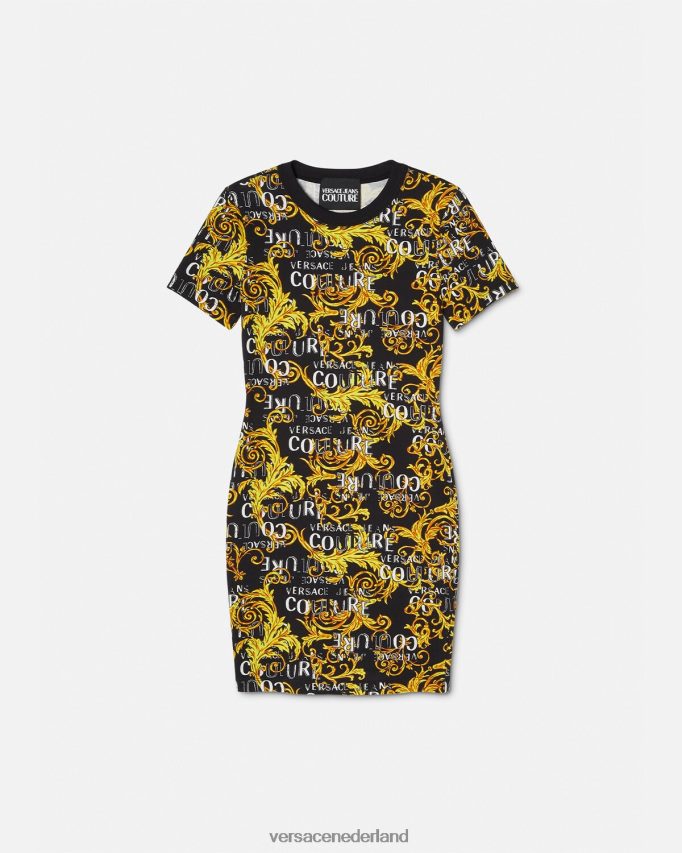 Versace Couture t-shirtjurk met logo vrouwen zwart goud kleding J2T4F42183