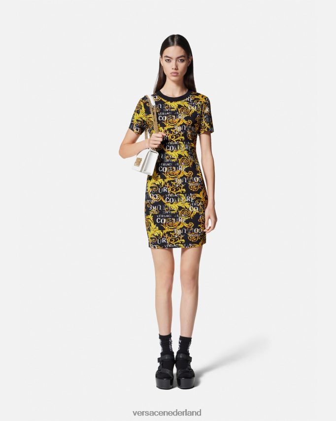 Versace Couture t-shirtjurk met logo vrouwen zwart goud kleding J2T4F42183