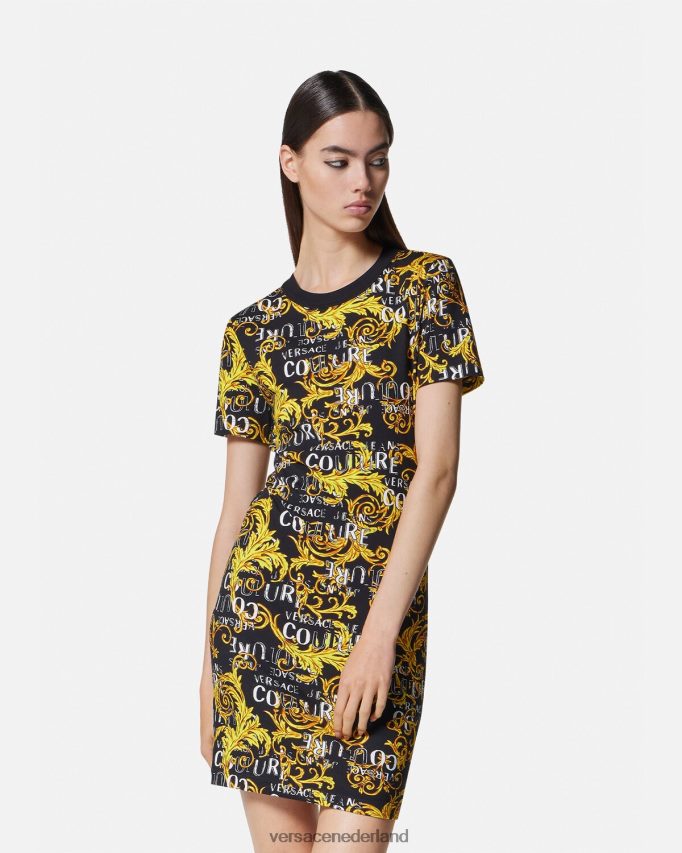 Versace Couture t-shirtjurk met logo vrouwen zwart goud kleding J2T4F42183