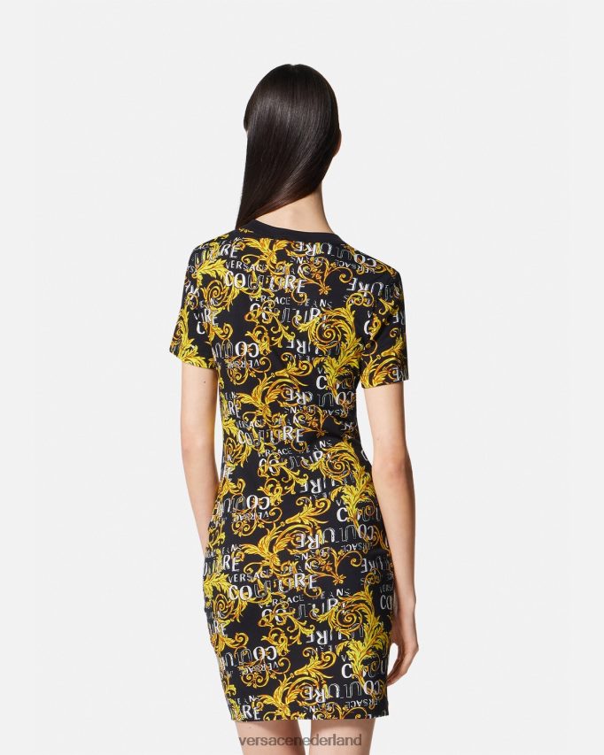 Versace Couture t-shirtjurk met logo vrouwen zwart goud kleding J2T4F42183